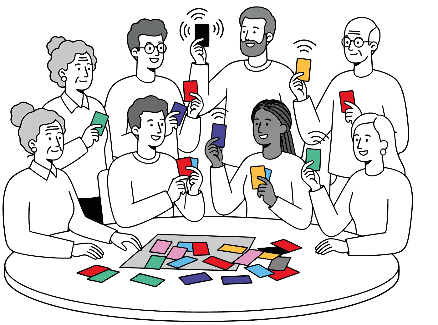 Illustration: Neun Menschen um einen runden Tisch, jede und jeder mit farbigen Karten in der Hand, weitere Karten liegen ausgebreitet auf dem Tisch.